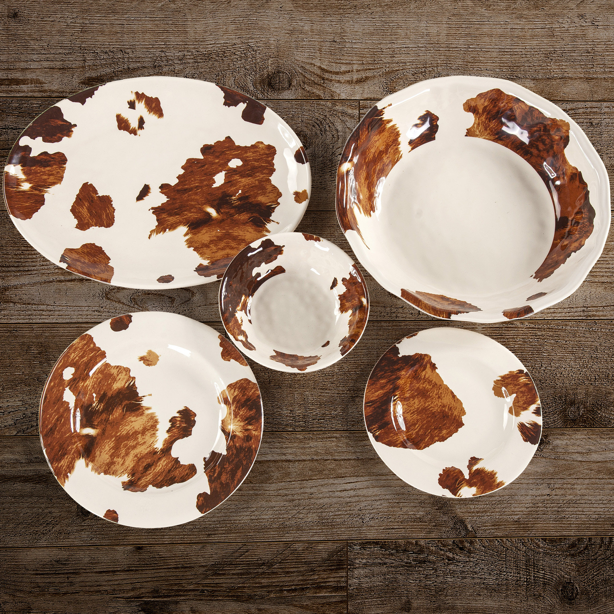 Paseo Road by HiEnd Accents Elsa Cowhide Brown Cow Print Western Rustic 14 Piece Melamine Dinnerware Set Service for 4 Wayfair